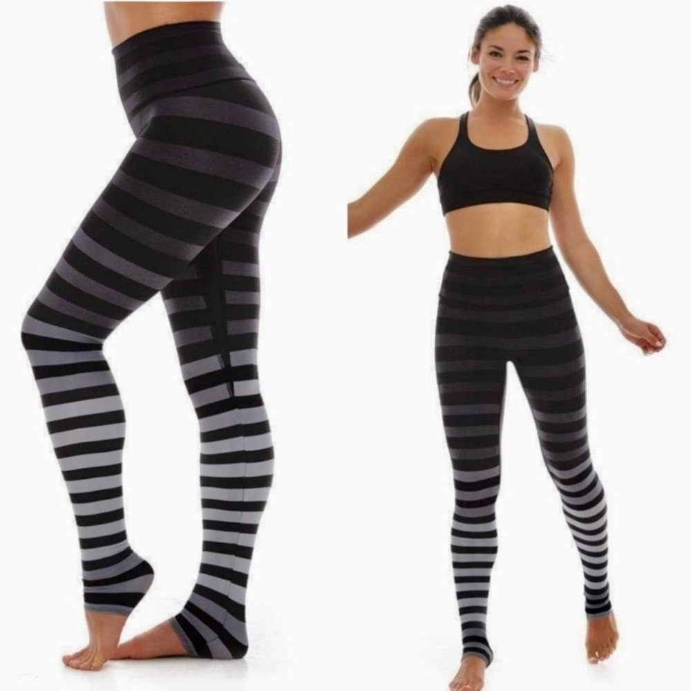 K-Deer Full Length Leggings in Jody Stripe High Waisted Rise Black Gray Ombré M